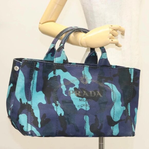 PRADA Canapa MM Hand Bag Canvas Blue Silver Camouflage Auth - Picture 1 of 15
